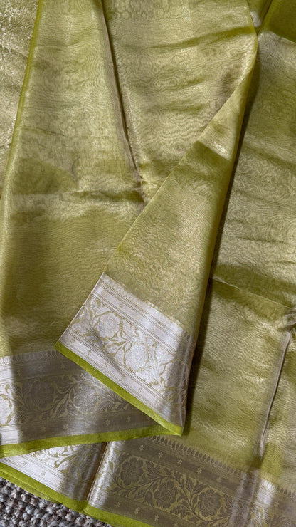 Pure Tissue Silk Saree in Light Olive Green with Banarasi Gold Zari Border
