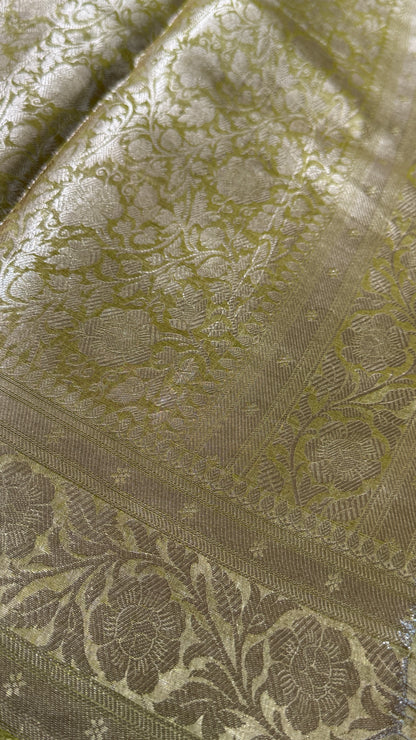 Pure Tissue Silk Saree in Light Olive Green with Banarasi Gold Zari Border