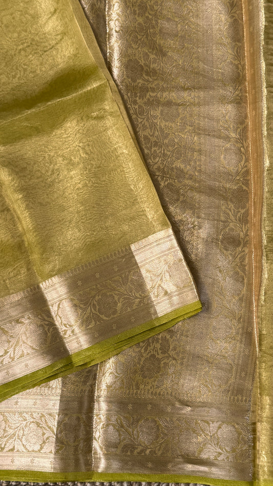 Pure Tissue Silk Saree in Light Olive Green with Banarasi Gold Zari Border