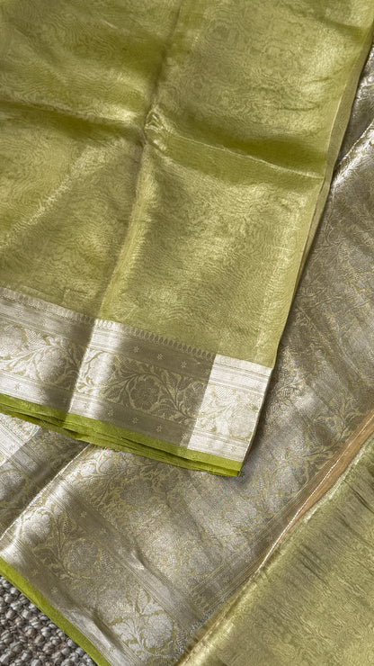Pure Tissue Silk Saree in Light Olive Green with Banarasi Gold Zari Border