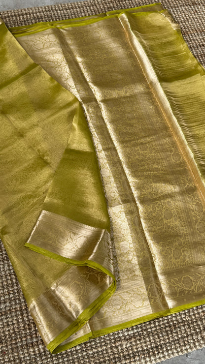 Pure Tissue Silk Saree in Light Olive Green with Banarasi Gold Zari Border