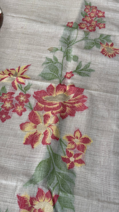 Pure Khadi Handloom Cotton Saree – Borderless Red with Orange & Red Floral Weave