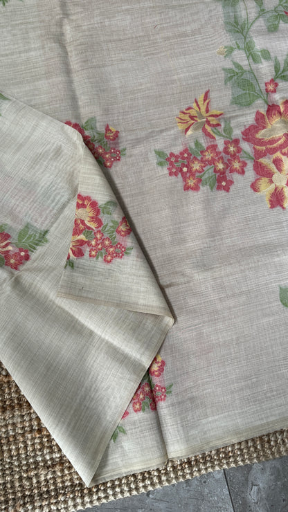 Pure Khadi Handloom Cotton Saree – Borderless Red with Orange & Red Floral Weave