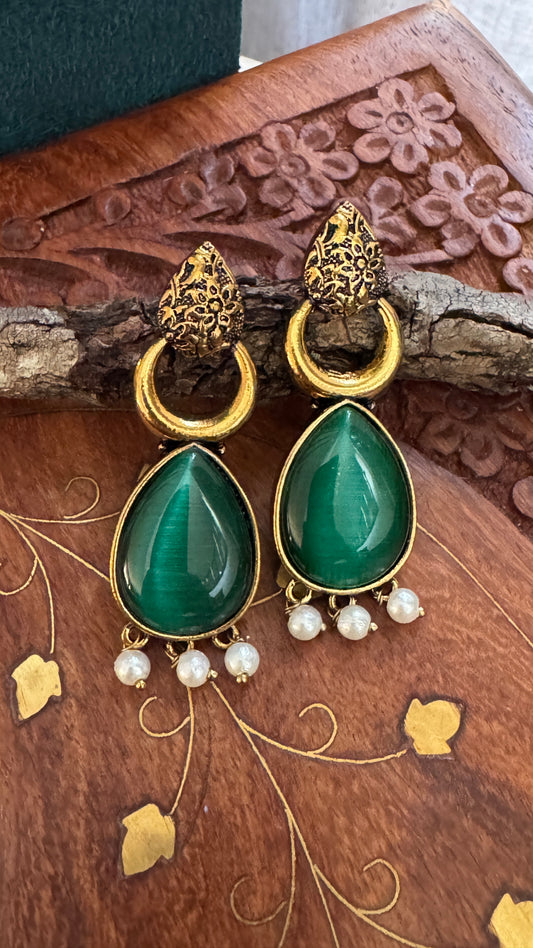 Antique Black Gold Finish Jhumka with Green Stone and Pearl Drops