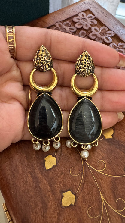 Antique Black Gold Finish Jhumka with Black Stone and Pearl Drops