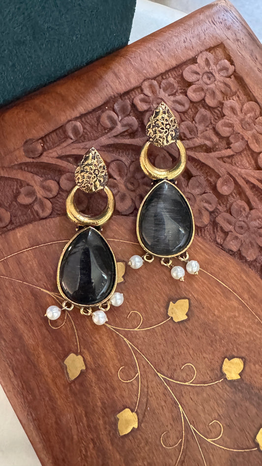 Antique Black Gold Finish Jhumka with Black Stone and Pearl Drops
