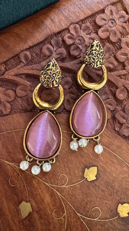 Antique Black Gold Finish Jhumka with Blush Pink Stone and Pearl Drops