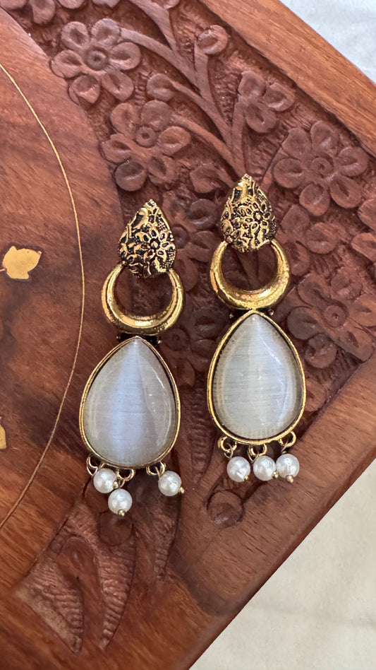 Antique Black Gold Finish Jhumka with White Stone and Pearl Drops