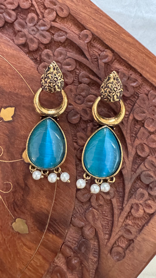 Antique Black Gold Finish Jhumka with Blue Stone and Pearl Drops