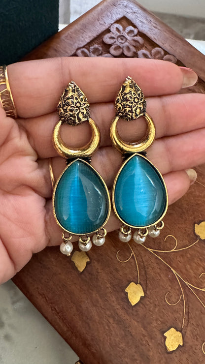Antique Black Gold Finish Jhumka with Blue Stone and Pearl Drops