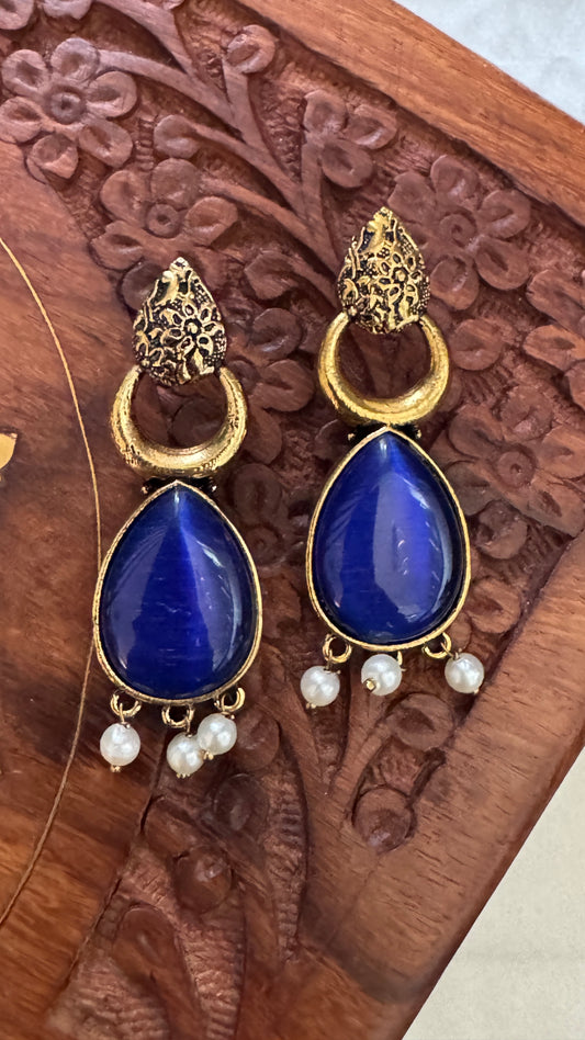 Antique Black Gold Finish Jhumka with Blue Stone and Pearl Drops
