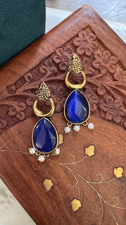 Antique Black Gold Finish Jhumka with Blue Stone and Pearl Drops