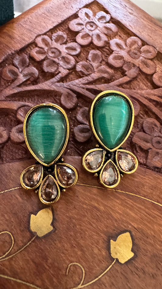 Antique Black Gold Finish Jhumka with Sea Green Stone stud