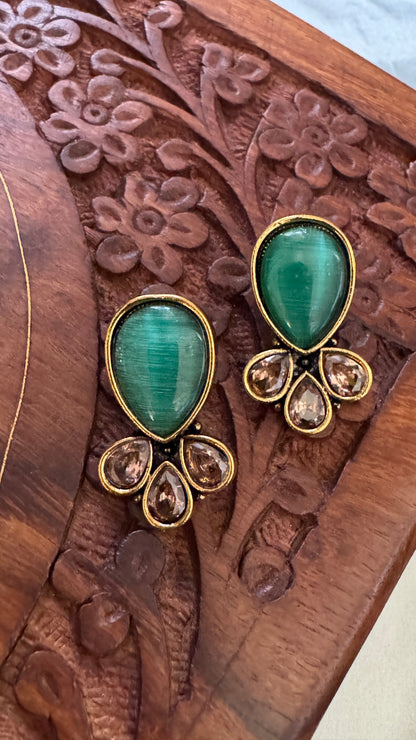 Antique Black Gold Finish Stud with Sea Green Stone stud