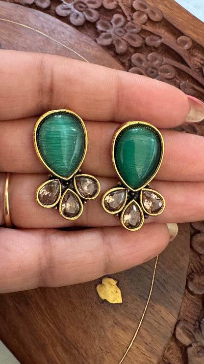 Antique Black Gold Finish Stud with Sea Green Stone stud