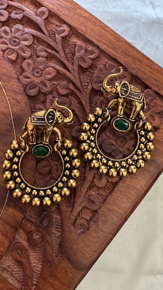 Gorgeous Designer Elephant Earring Set - Green Stone
