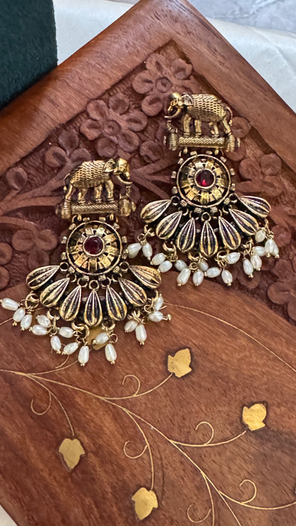 Gorgeous Designer Elephant Hangings Set - Red Stone with Rice pearls