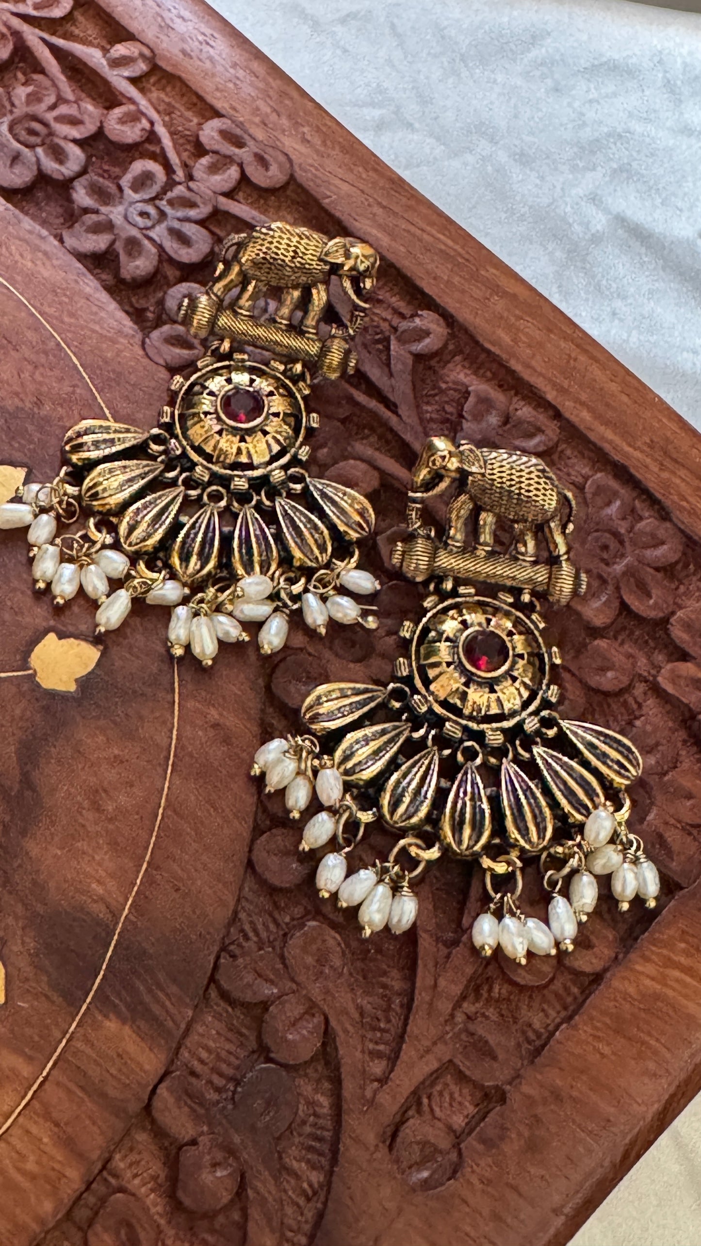 Gorgeous Designer Elephant Hangings Set - Red Stone with Rice pearls