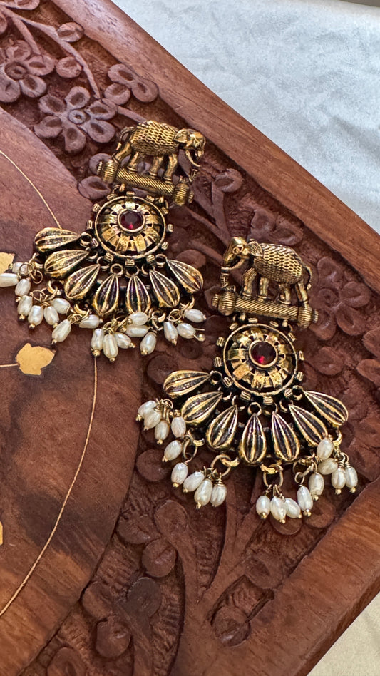 Gorgeous Designer Elephant Hangings Set - Red Stone with Rice pearls