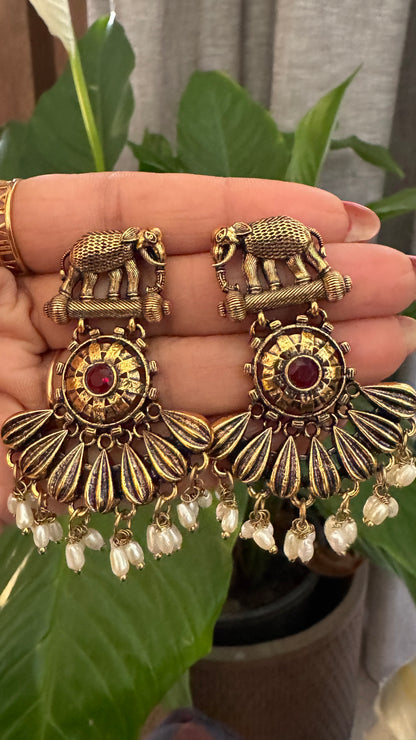 Gorgeous Designer Elephant Hangings Set - Red Stone with Rice pearls