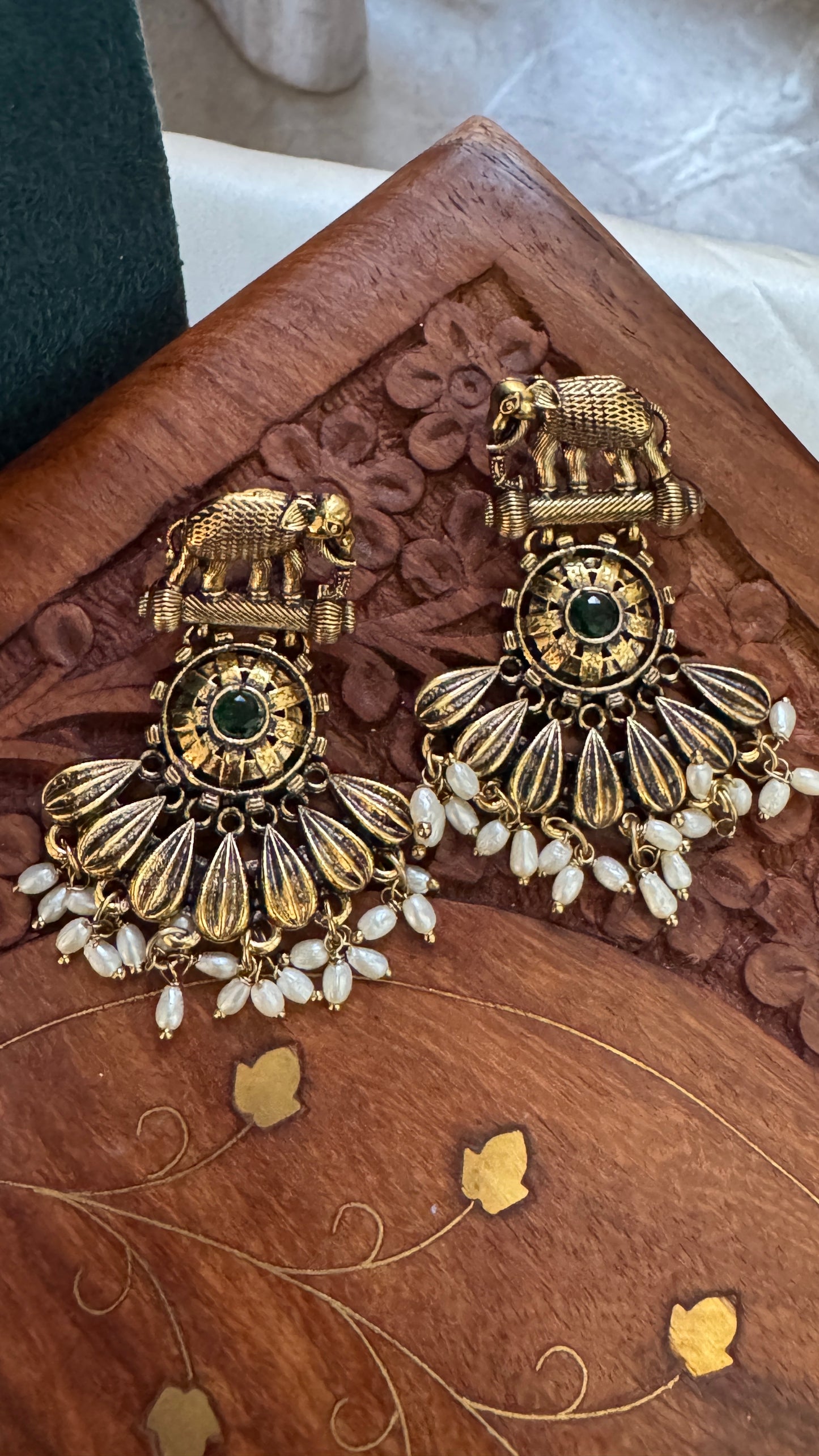 Gorgeous Designer Elephant Hangings Set - Green Stone with Rice pearls