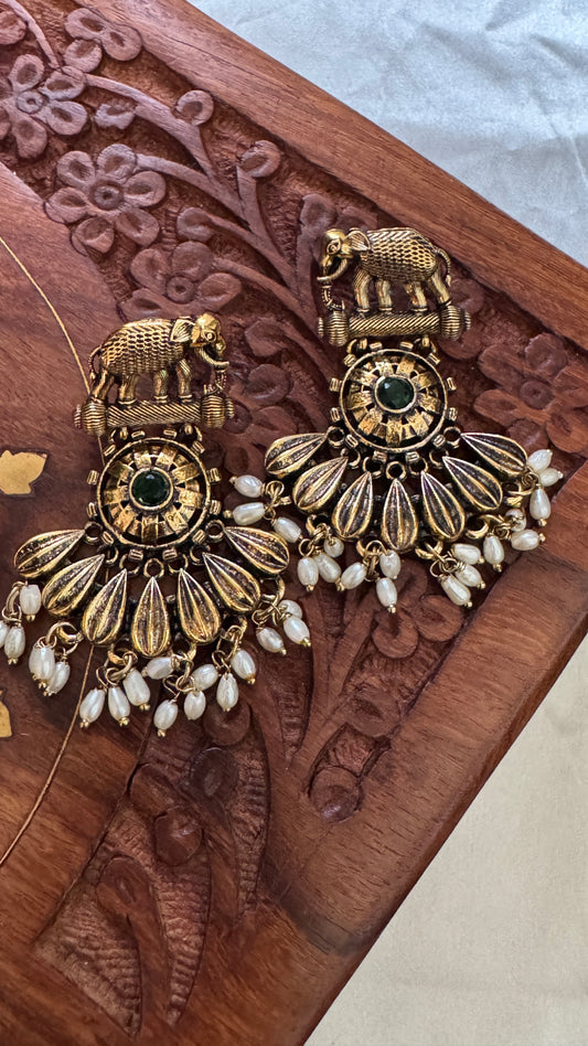 Gorgeous Designer Elephant Hangings Set - Green Stone with Rice pearls