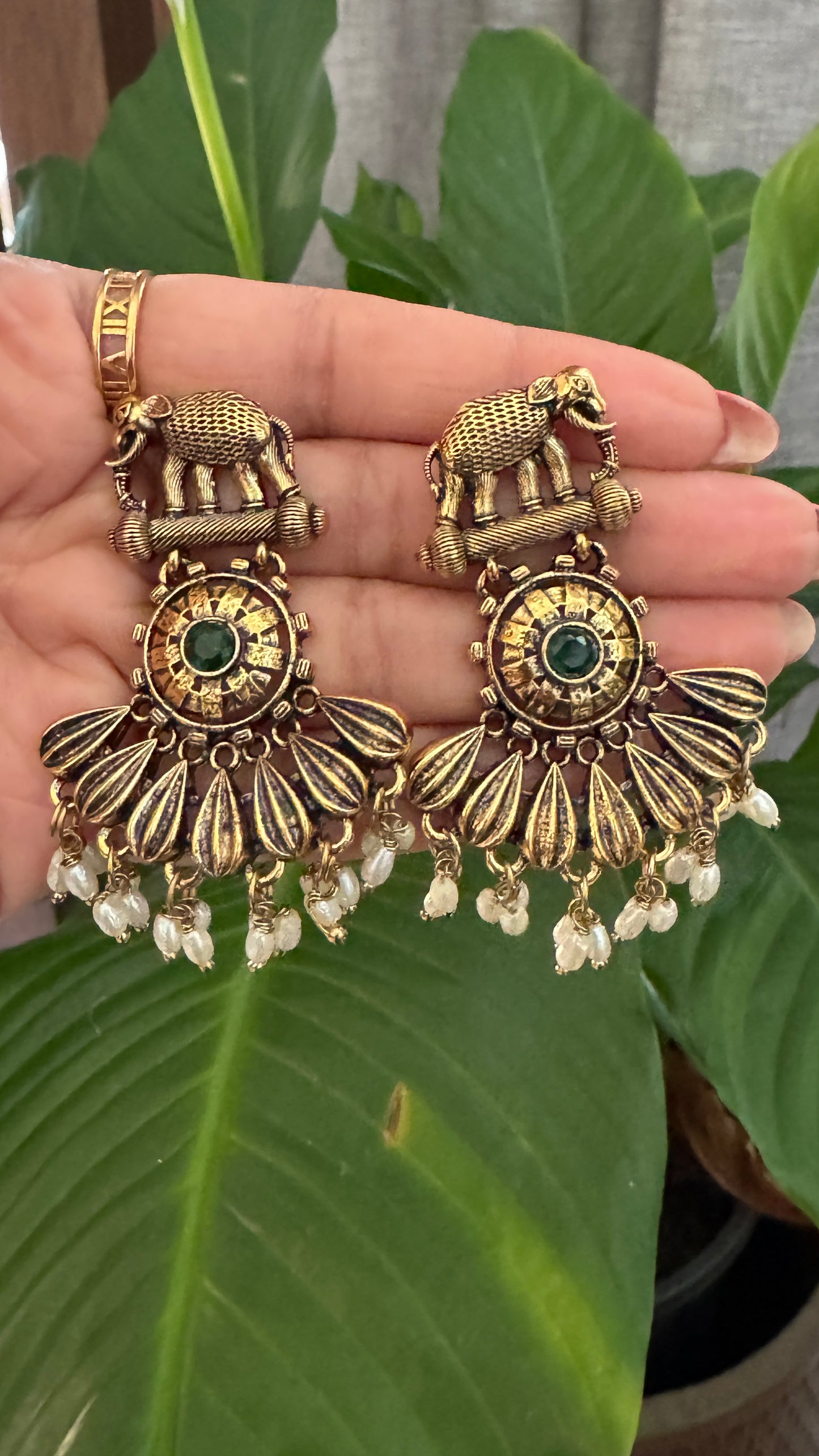 Gorgeous Designer Elephant Hangings Set - Green Stone with Rice pearls