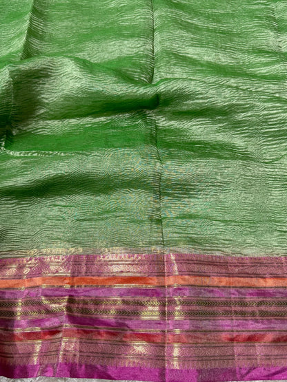 Pure Tissue Silk – Crushed in Green and contrast Pinkish Peach Border