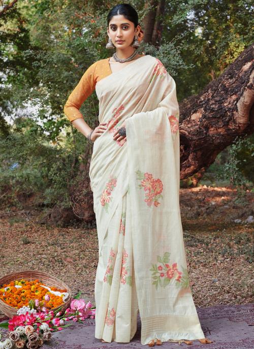 Pure Khadi Handloom Cotton Saree – Borderless Red with Orange & Red Floral Weave