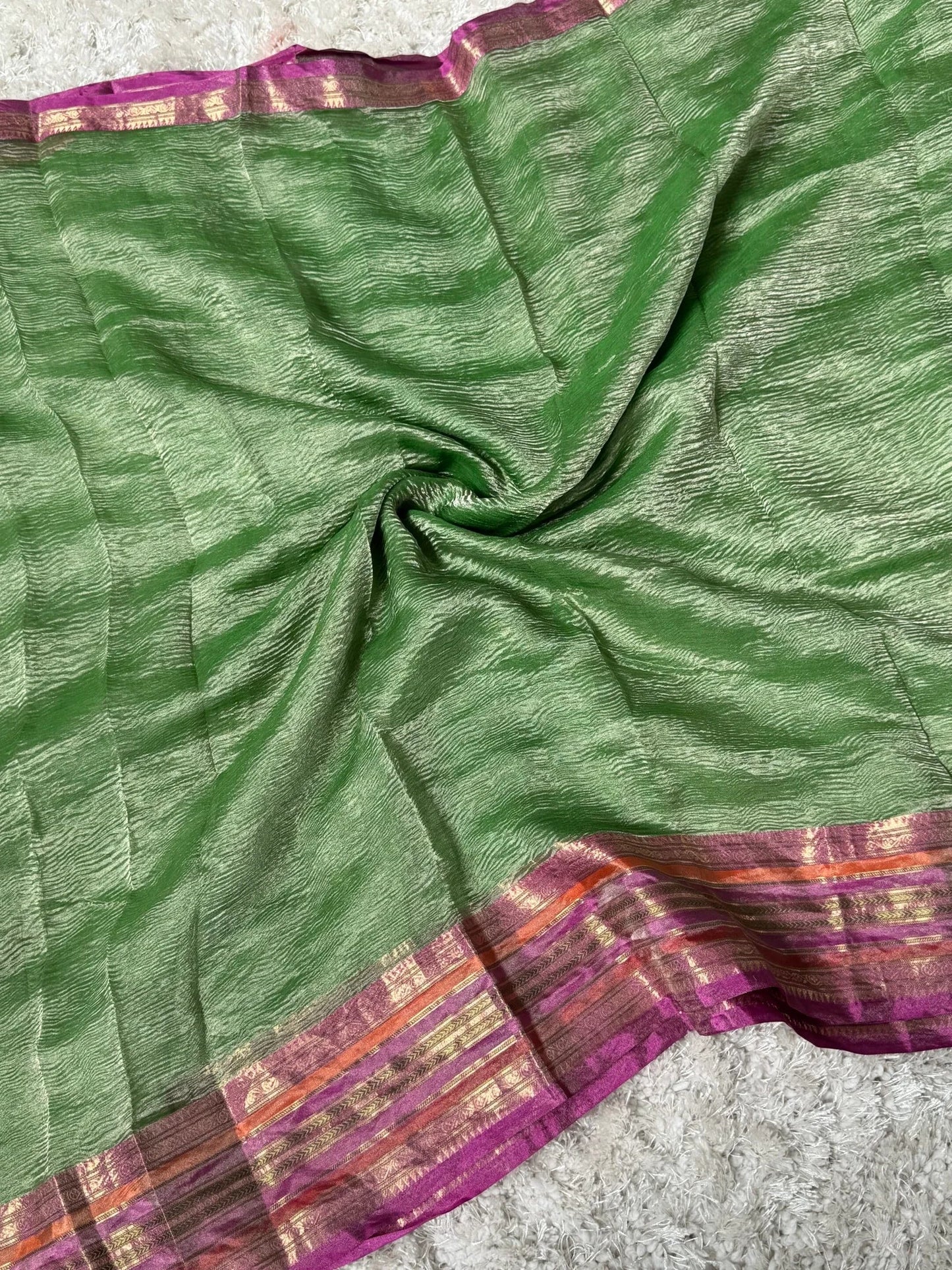 Pure Tissue Silk – Crushed in Green and contrast Pinkish Peach Border