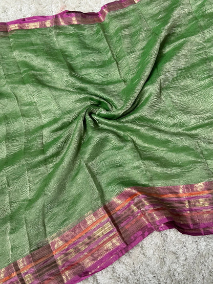 Pure Tissue Silk – Crushed in Green and contrast Pinkish Peach Border