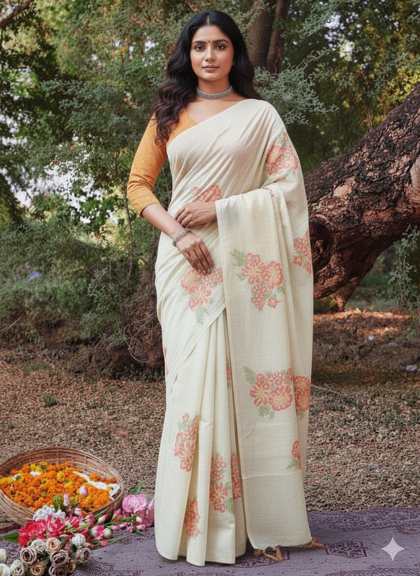 Pure Khadi Handloom Cotton Saree – Borderless Red with Orange & Red Floral Weave