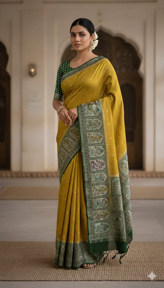 Tussar Raw Silk Handloom – Paithani Borders - Mustard with Green
