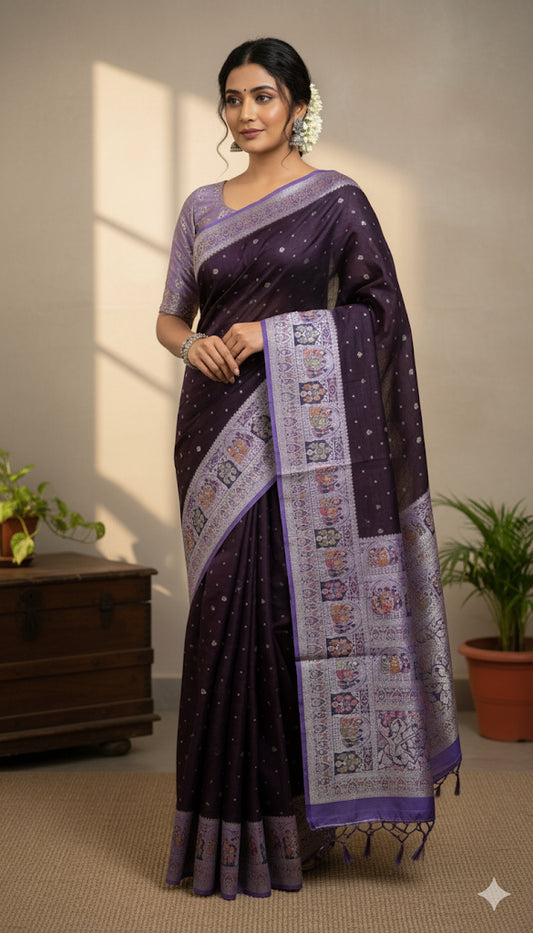 Tussar Raw Silk Handloom – Paithani Borders - Deep Violet with Lavender