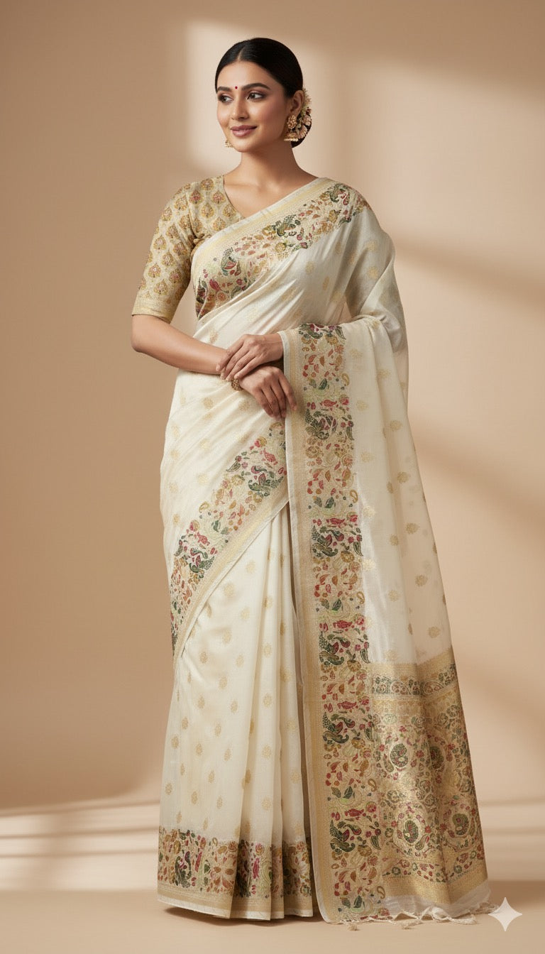 Soft Tissue Silk Saree – Elegant Half-white with Intricate Zari Weaving
