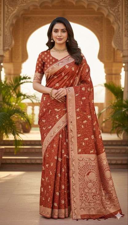 Soft Tissue Silk Saree in Unique Rust Shade with Intricate Animal Motifs