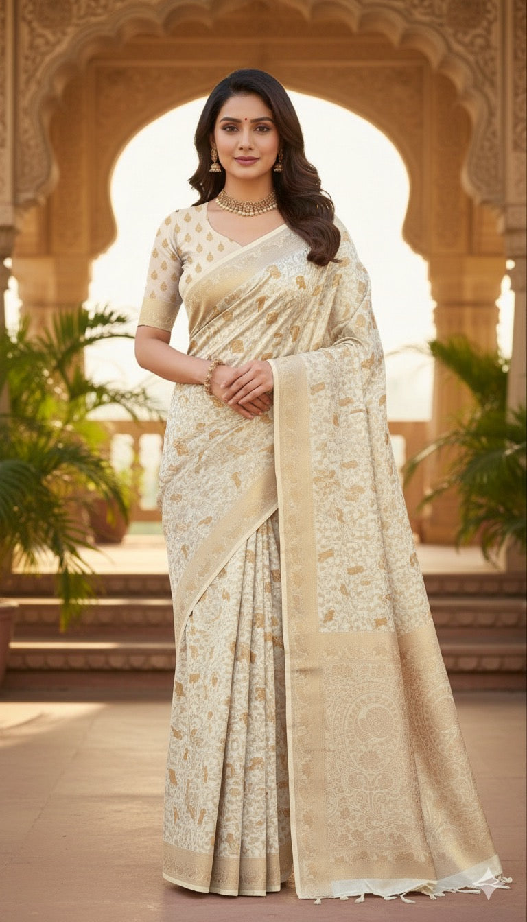 Soft Tissue Silk Saree in Half White Shade with Intricate Animal Motifs