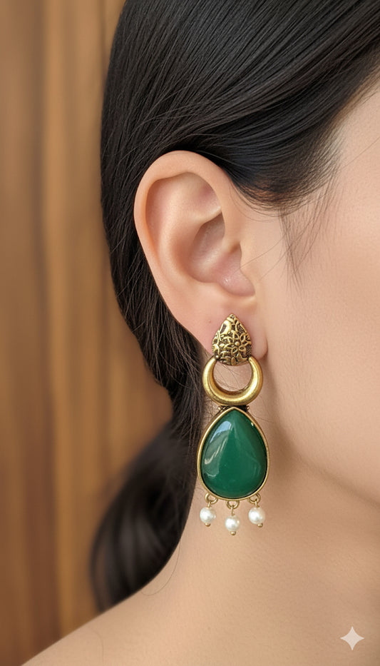 Antique Black Gold Finish Jhumka with Green Stone and Pearl Drops