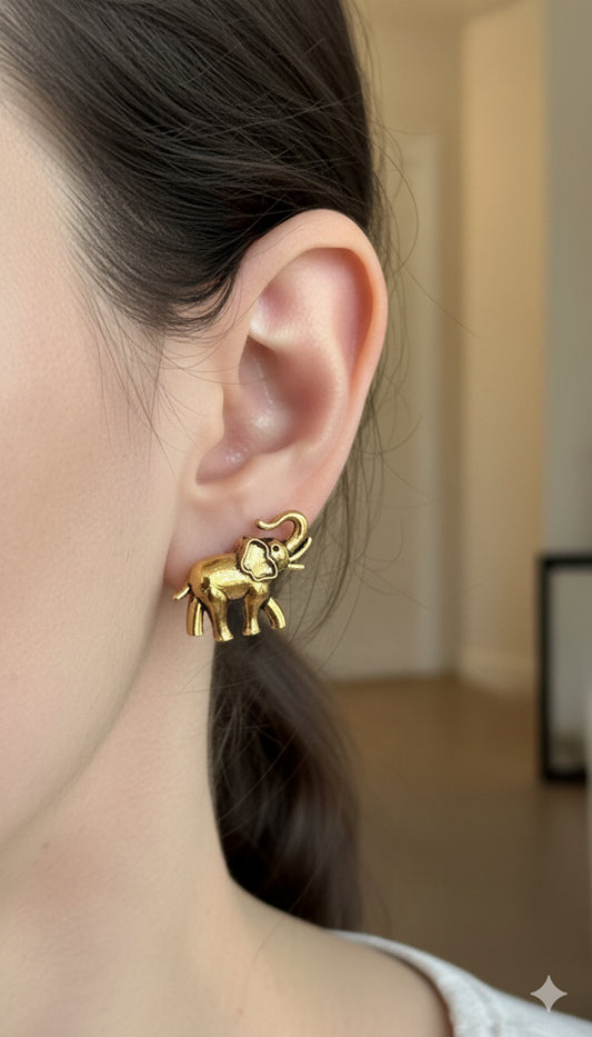 Antique Gold Plated Elephant Stud Earrings
