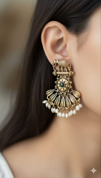 Gorgeous Designer Elephant Hangings Set - Green Stone with Rice pearls