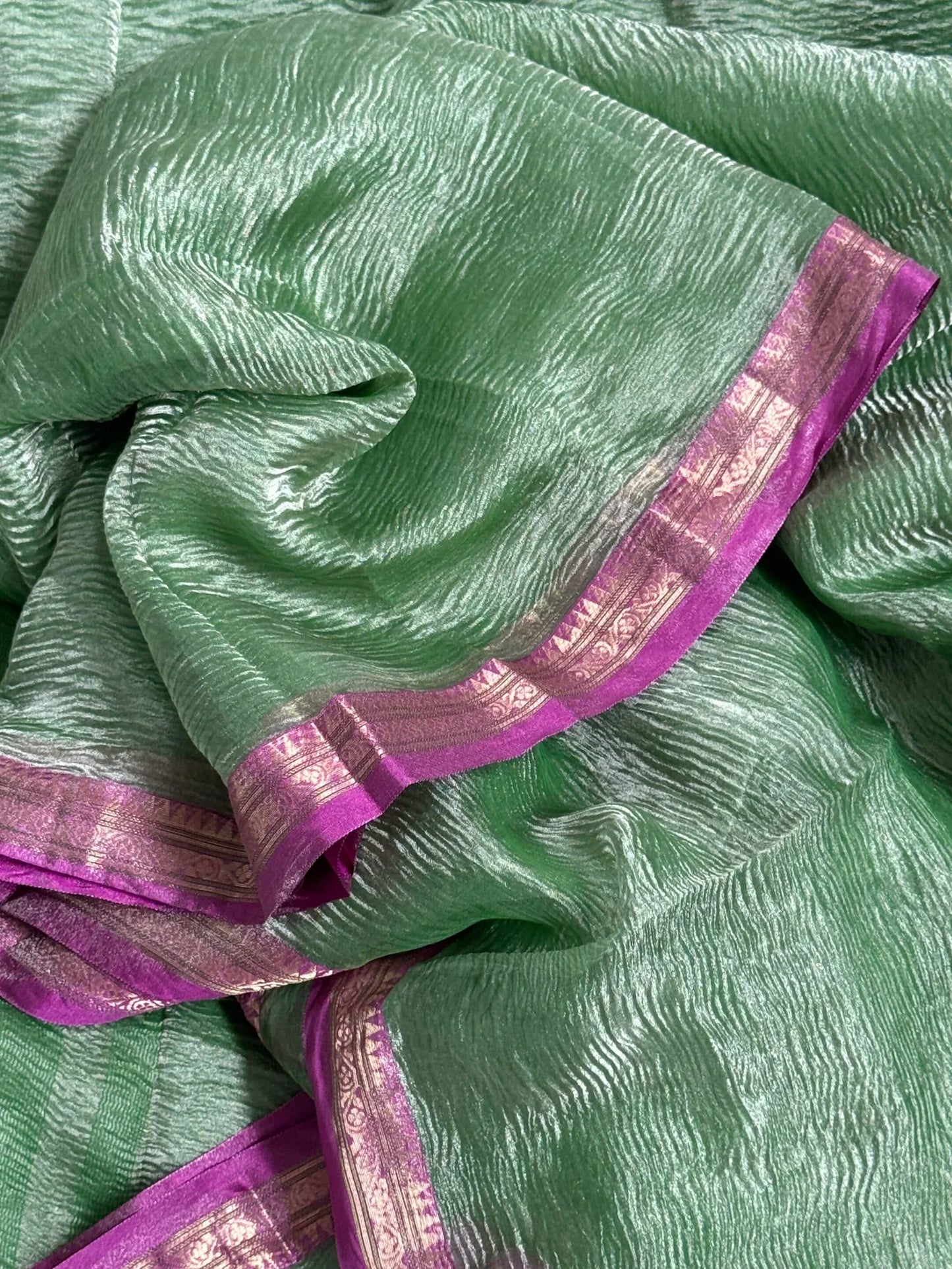 Pure Tissue Silk – Crushed in Green and contrast Pinkish Peach Border