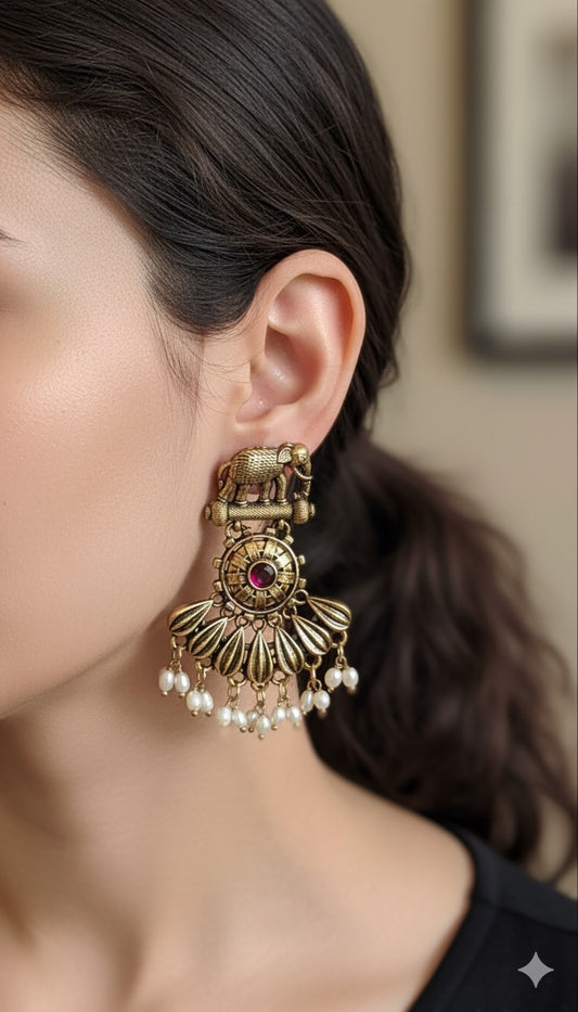 Gorgeous Designer Elephant Hangings Set - Red Stone with Rice pearls