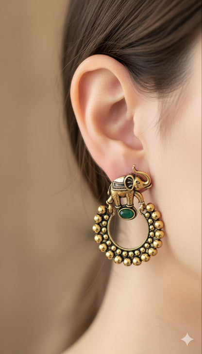 Gorgeous Designer Elephant Earring Set - Green Stone
