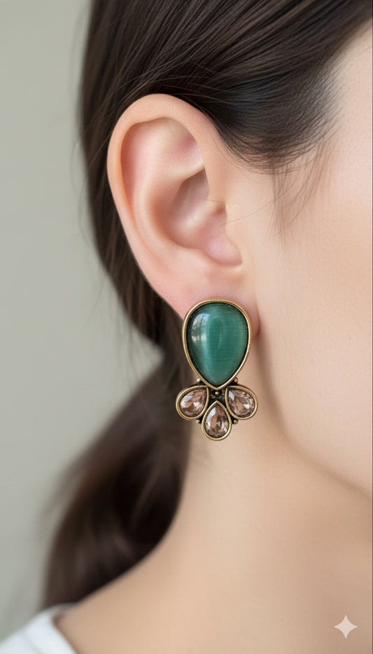 Antique Black Gold Finish Jhumka with Sea Green Stone stud
