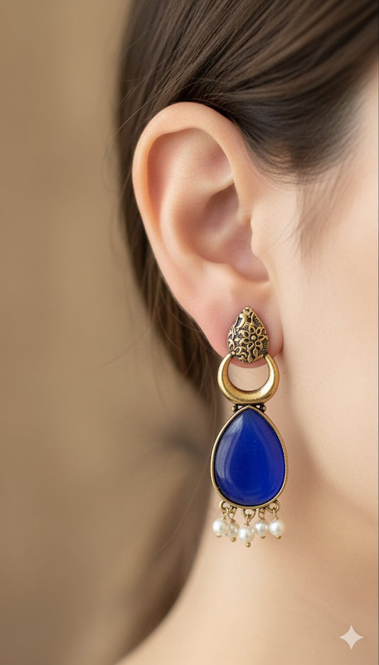 Antique Black Gold Finish Jhumka with Blue Stone and Pearl Drops