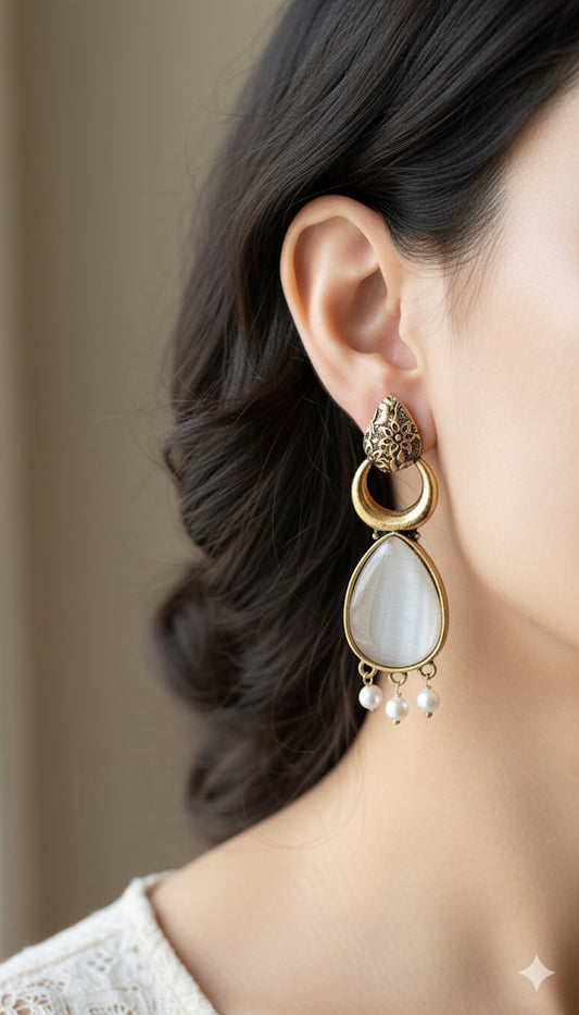 Antique Black Gold Finish Jhumka with White Stone and Pearl Drops