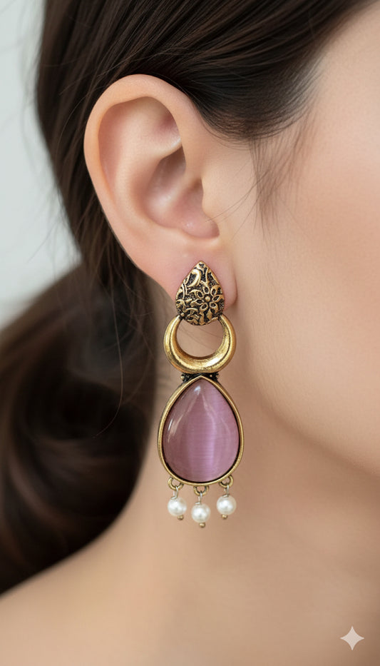 Antique Black Gold Finish Jhumka with Blush Pink Stone and Pearl Drops