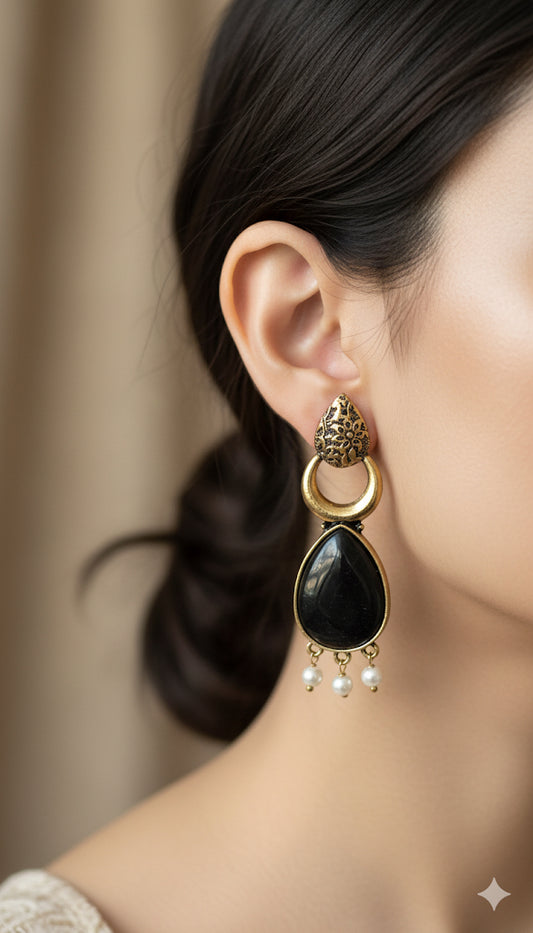 Antique Black Gold Finish Jhumka with Black Stone and Pearl Drops