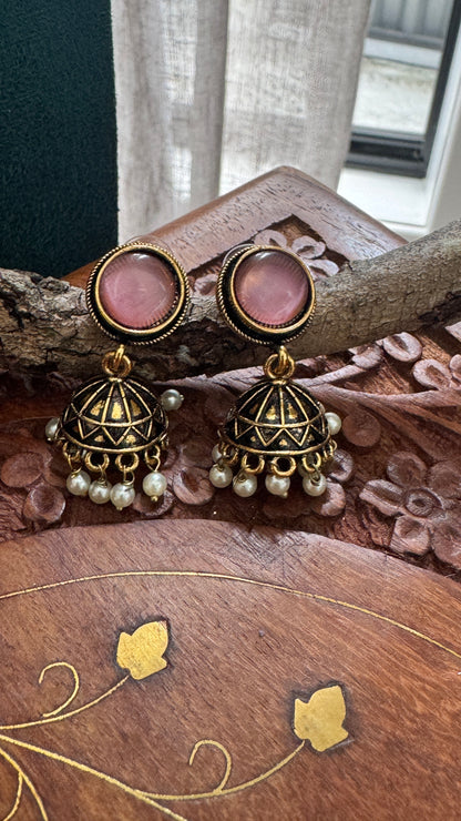 Antique Black Gold Finish Jhumka with Blush Pink Stone