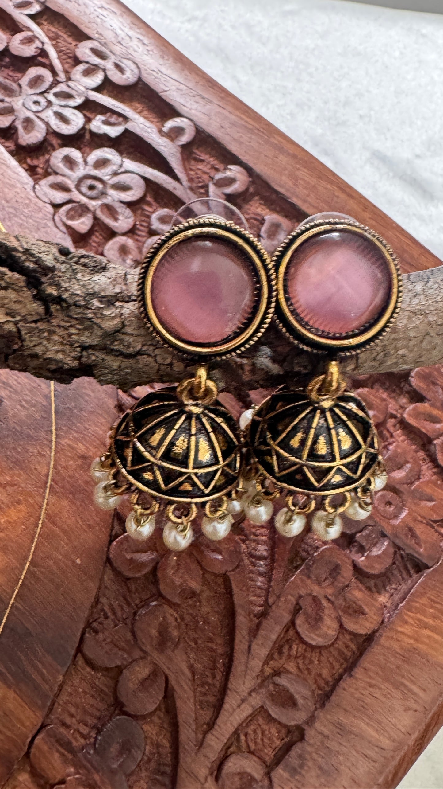 Antique Black Gold Finish Jhumka with Blush Pink Stone